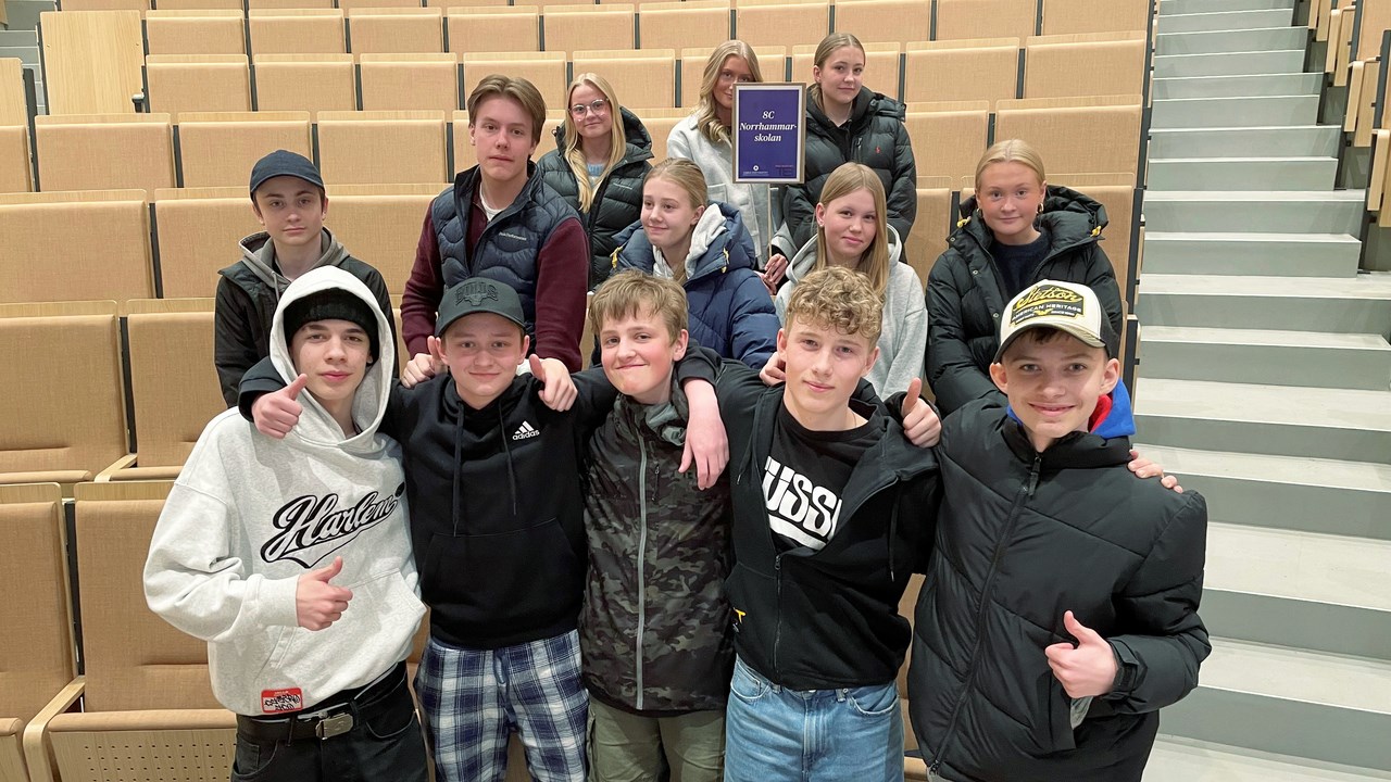 Gruppfoto på 13 elever i 8C Norrhammarskolan.