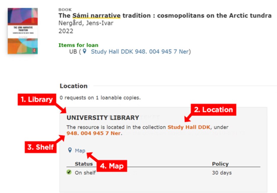 A screenshot with arrows pointing to the information about library, location, shelf and map.