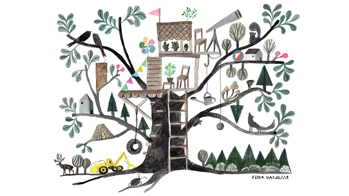 Illustration av en trädkoja i ett träd omgivet av skog, djur och skogsmaskiner