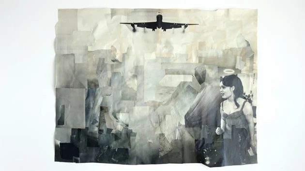 Målning i gråskala, flygplan och kvinna