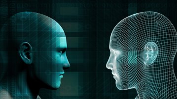 Två stiliserade profiler vända mot varandra som illustrerar artificiell intelligens.