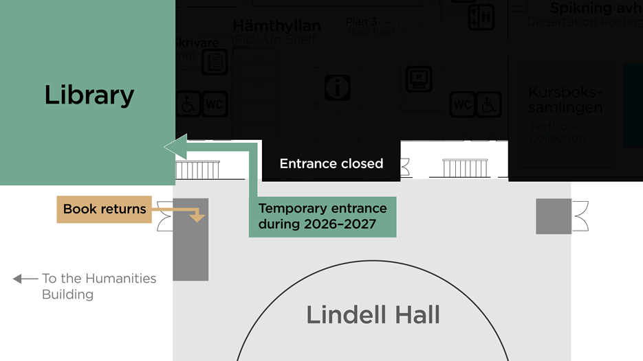 Map of Lindell Hall and the temporary entrance and book drop of the University Library.