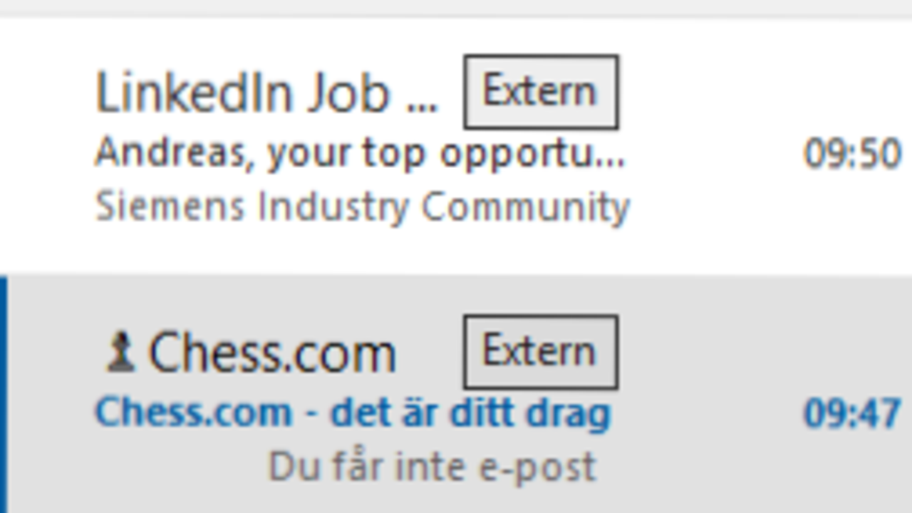 Epostmeddelande i Outlook med markeringen Extern