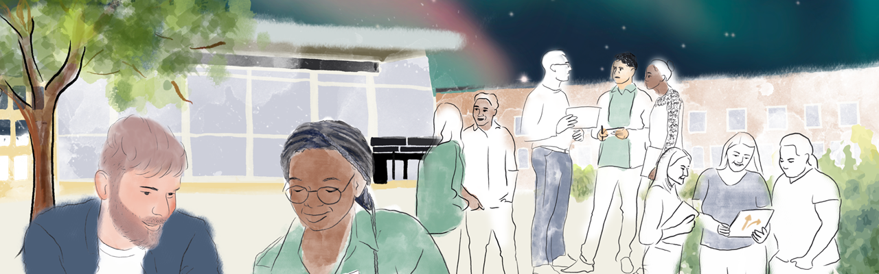 Illustration av medarbetare som samarbetar och pratar med lindellhallen och norrsken i bakgrunden.