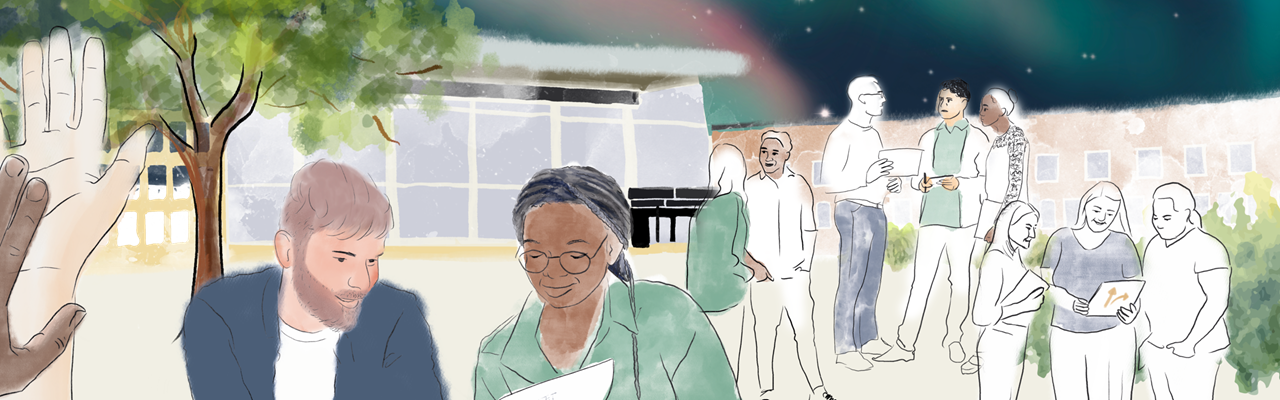 Illustration av medarbetare som samarbetar och pratar med lindellhallen och norrsken i bakgrunden.