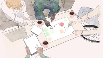 Illustration av fyra personer som sitter kring ett bord med papper, pennor och dator. De pekar och samarbetar kring materialet på bordet.
