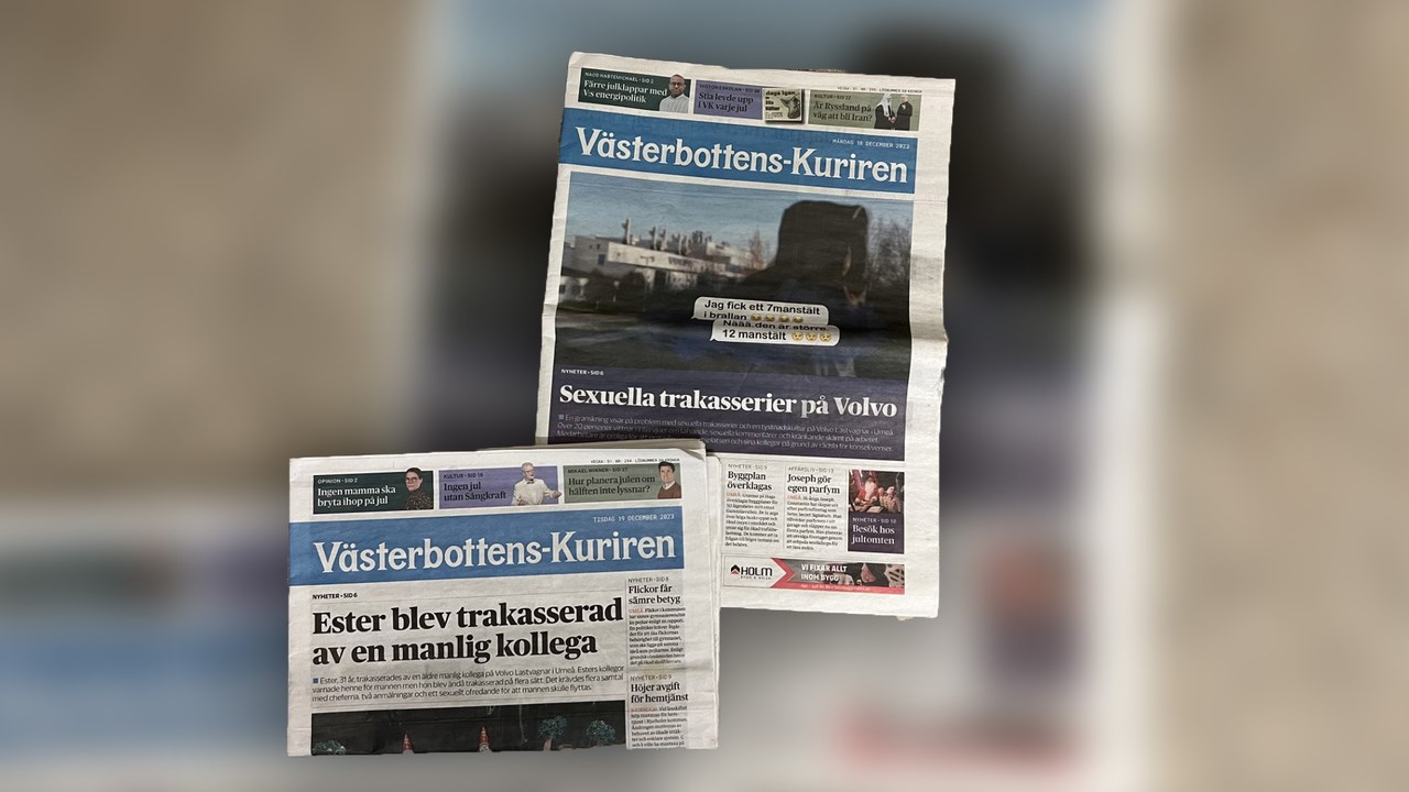 Bild på två omslag till Västerbottens-Kuriren där studenter från journalistprogrammet varit delaktiga i granskningen.