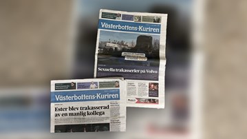 Bild på två omslag till Västerbottens-Kuriren där studenter från journalistprogrammet varit delaktiga i granskningen. 