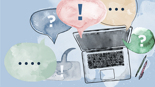 Illustration av dator med pratbubblor med symboler för frågor och svar.