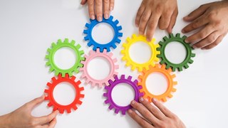 Hands holding colorful cog wheels