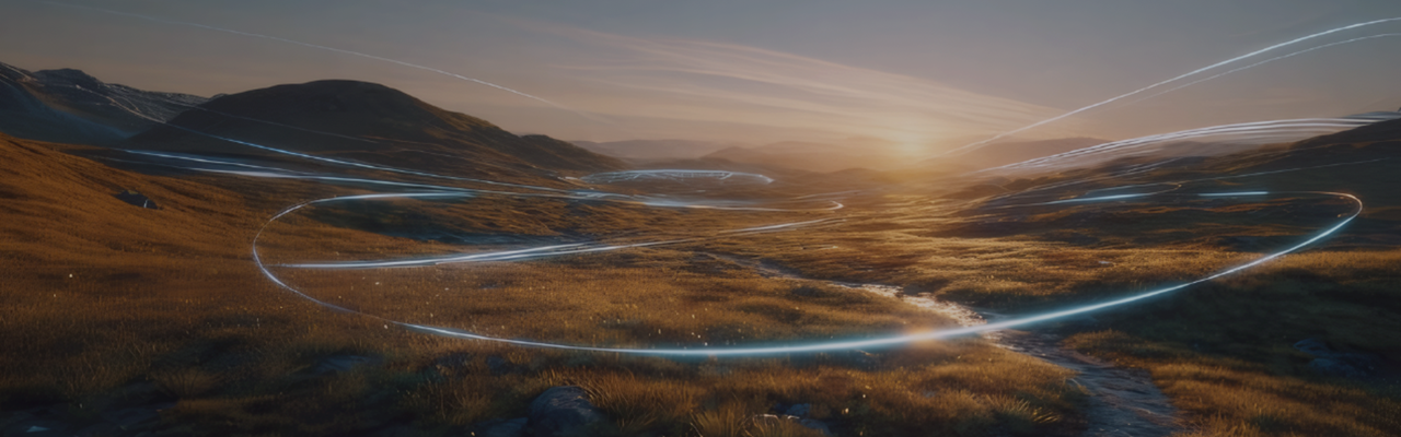 Landskap i solnedgång med blå streck som ser ut som fartränder efter en flygande farkost.