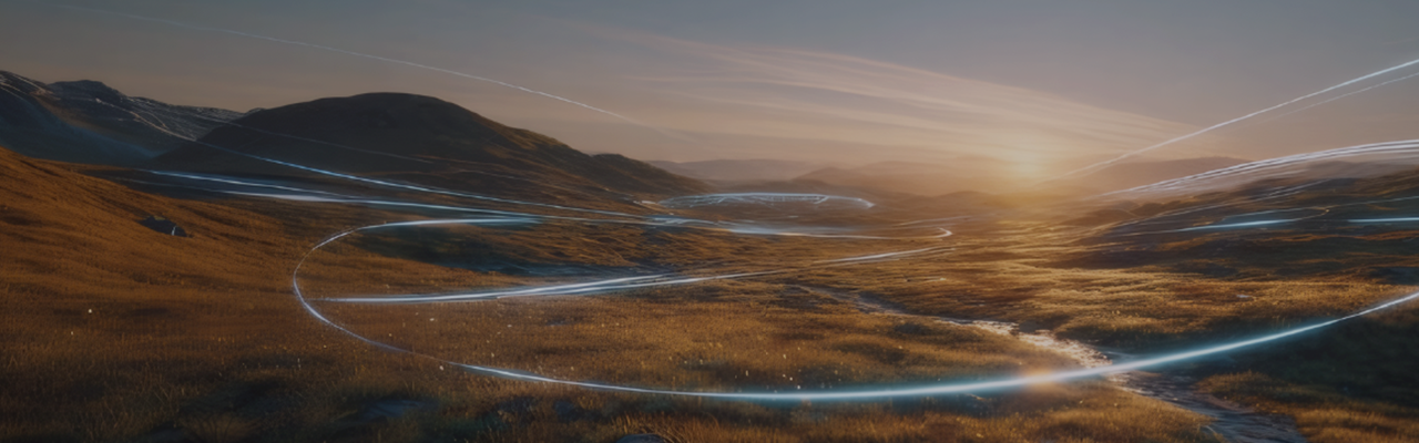 Landskap i solnedgång med blå streck som ser ut som fartränder efter en flygande farkost.