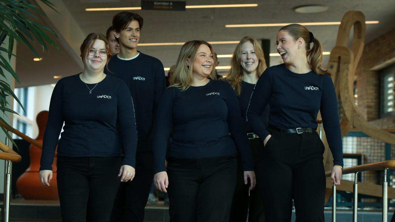 Sex studenter iklädda blåa Uniadentröjor kommer gående i bredd.