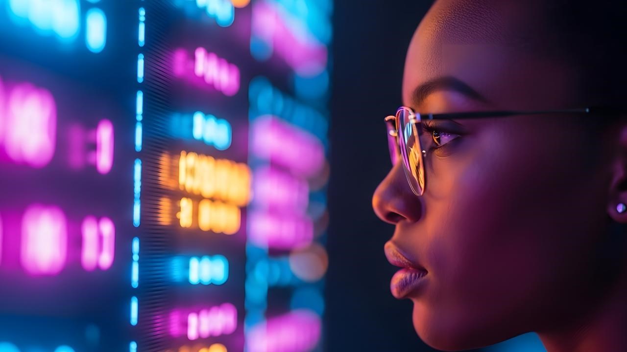 Focused young woman with glasses observing a vibrant digital display of data and charts