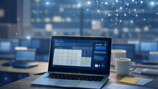 dator med bokhylla iabkgrunden