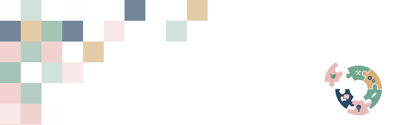 Pixlar i olika färger på vänster sida och logotyp med pusselbitar i höger