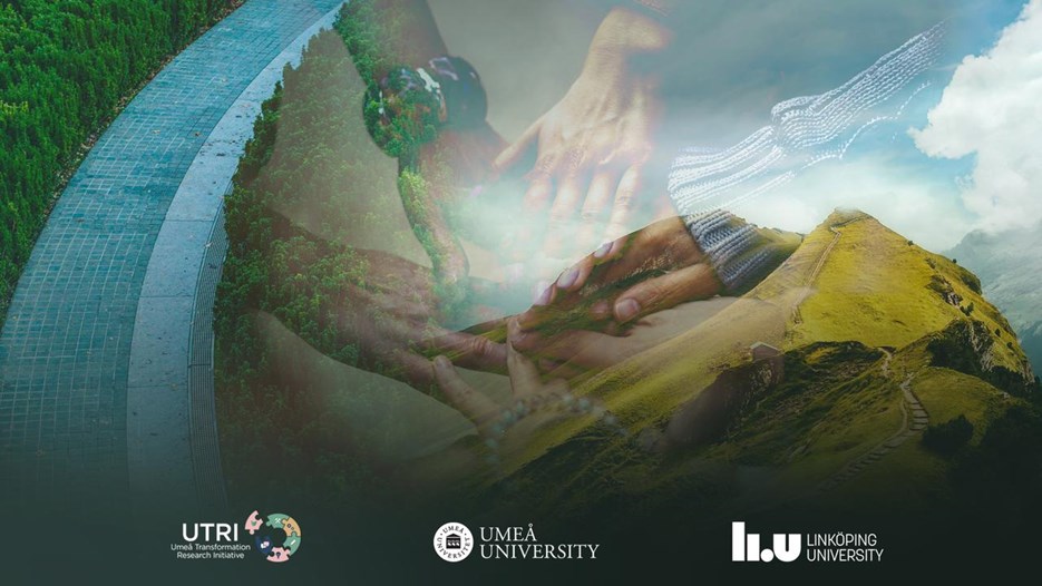 En formaterad temabild med händer som håller i varandra tillsammans med vägar och natur. Logotyp för UTRI, Umeå universitet och Linköpings universiet.