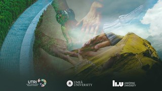 En formaterad temabild med händer som håller i varandra tillsammans med vägar och natur. Logotyp för UTRI, Umeå universitet och Linköpings universiet.