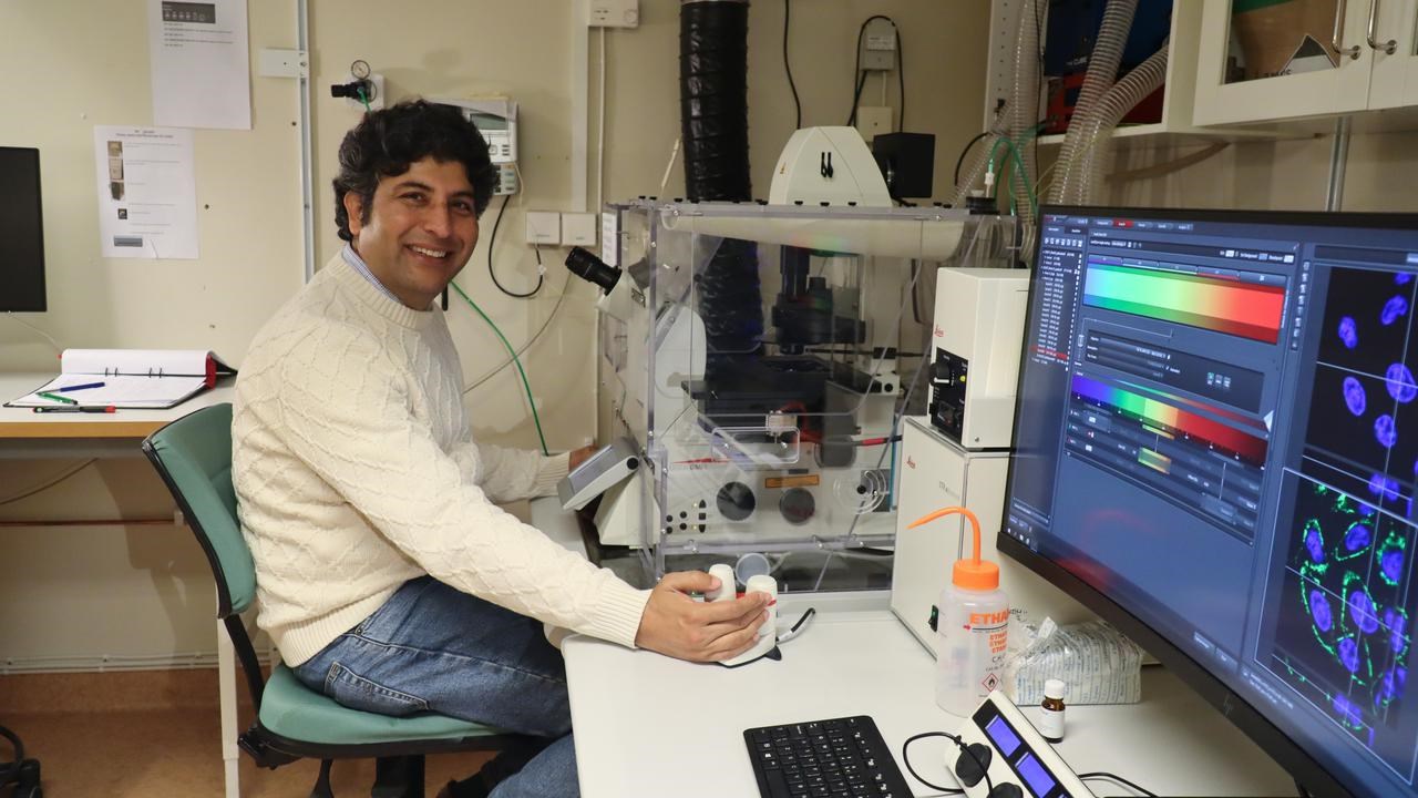 Aftab Nadeem, forskare p&aring; Institutionen f&ouml;r molekyl&auml;rbiologi vid Ume&aring; universitet, vid mikroskop