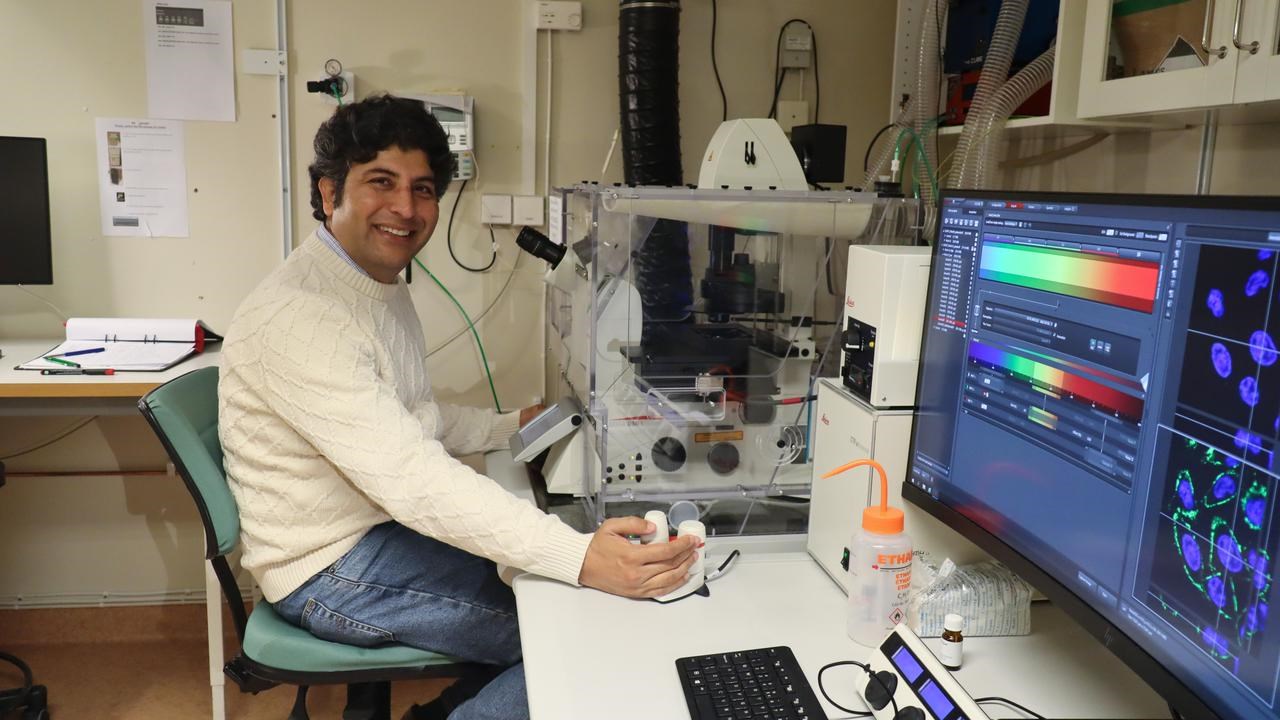 Aftab Nadeem, forskare p&aring; Institutionen f&ouml;r molekyl&auml;rbiologi vid Ume&aring; universitet, vid mikroskop