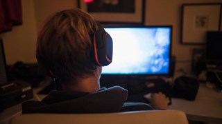 Pojke bakifrån vid diffus datorskärm