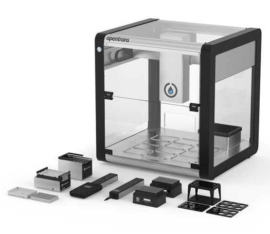 The OT-2 is a multi-well pipetting robot, an instrument used in laboratory work.