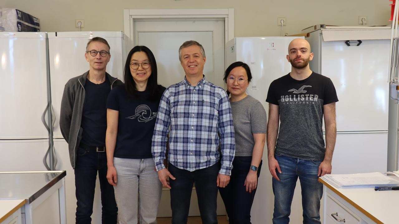 Gruppbild p&aring; fem forskare som arbetar med genetik p&aring; Instituionen f&ouml;r molekyl&auml;rbiologi