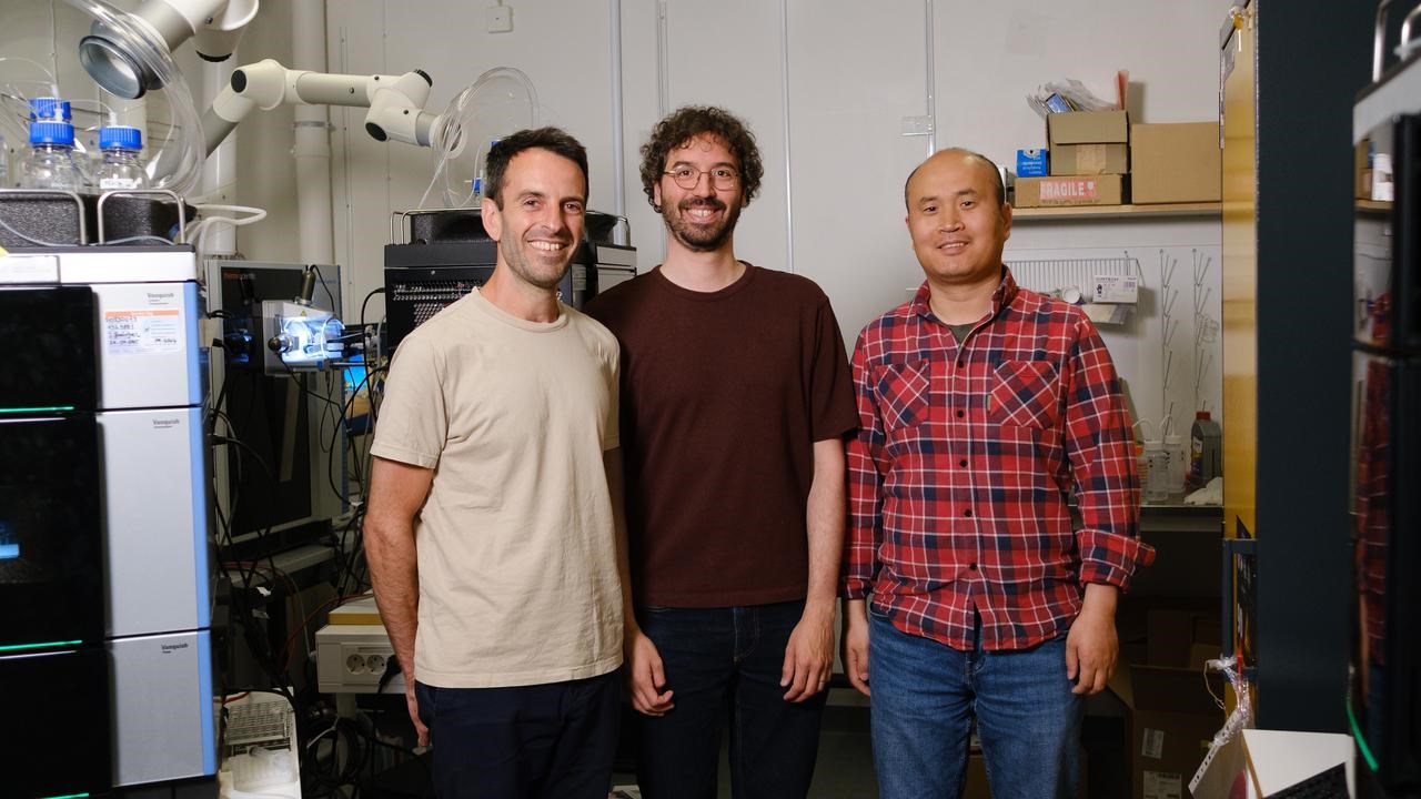 portrait of Andr&eacute; Mateus, Iker Valle Aramburu and Shaochun Zhu in the lab