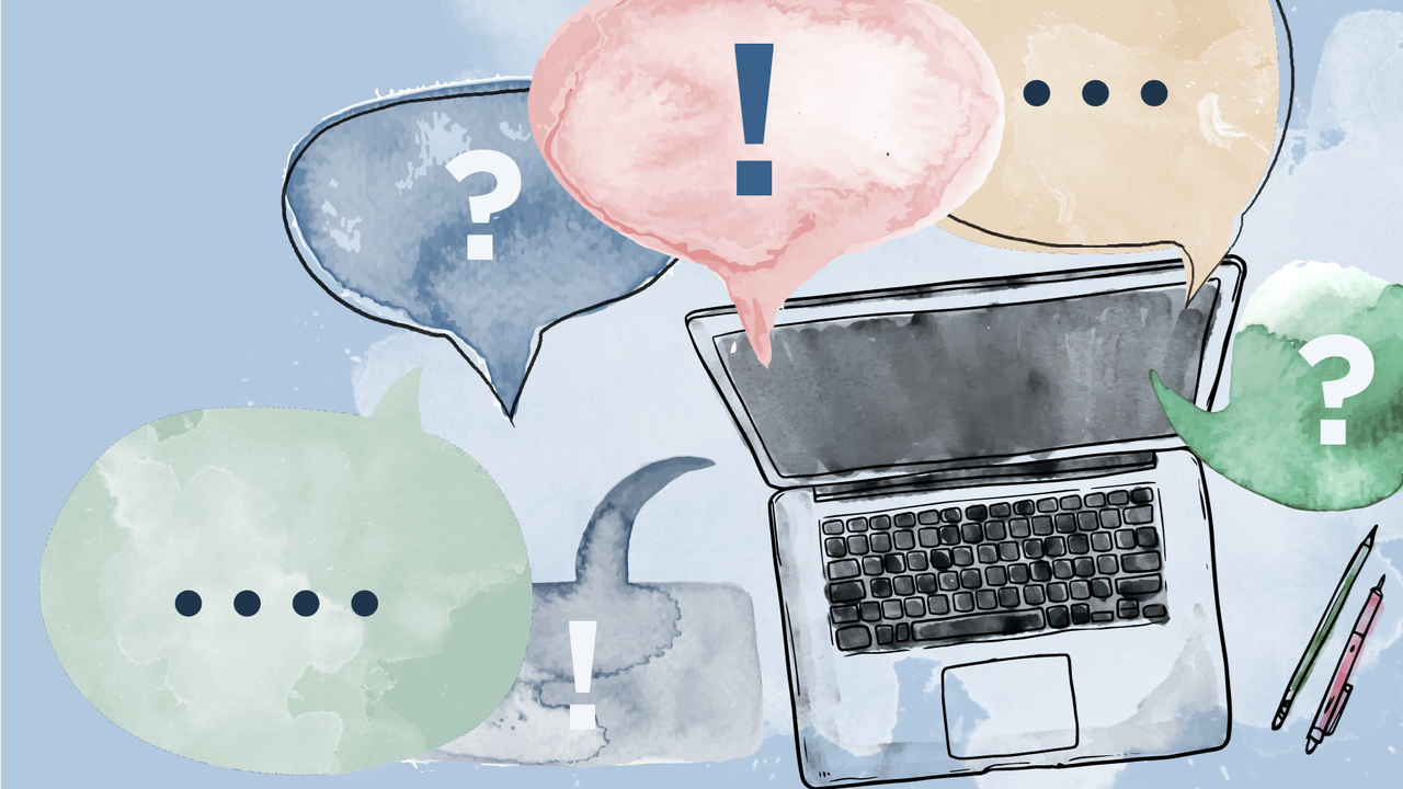 Illustration av dator med pratbubblor med symboler för frågor och svar.
