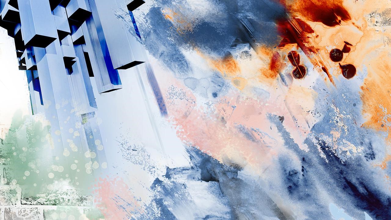 En abstrakt m&aring;lning av en tegelv&auml;gg och en bl&aring; himmel.