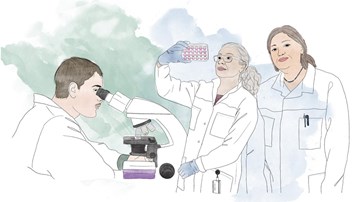 Illustration av en manlig forskare som tittar i ett mikroskop. Bredvid honom står två kvinnliga forskare. Den ena håller upp och tittar på en cellodlingsplatta.