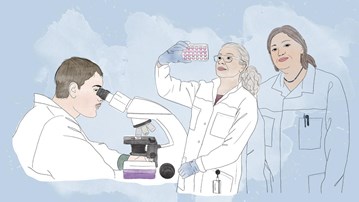 Illustration av en manlig forskare som tittar i ett mikroskop. Bredvid honom står två kvinnliga forskare. Den ena håller upp och tittar på en cellodlingsplatta.