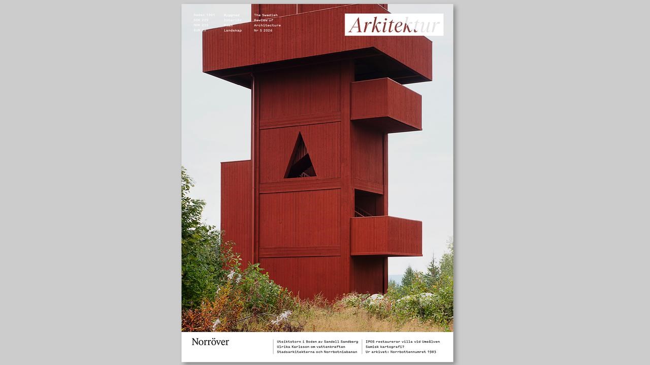 Image of the front cover of Arkitektur 5/2026 with a falu-red tower building.