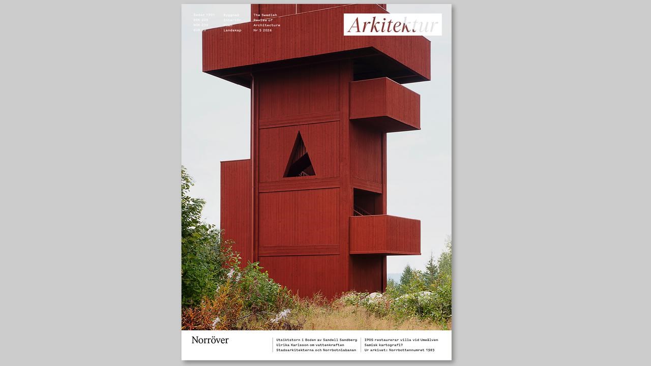 Image of the front cover of Arkitektur 5/2026 with a falu-red tower building.