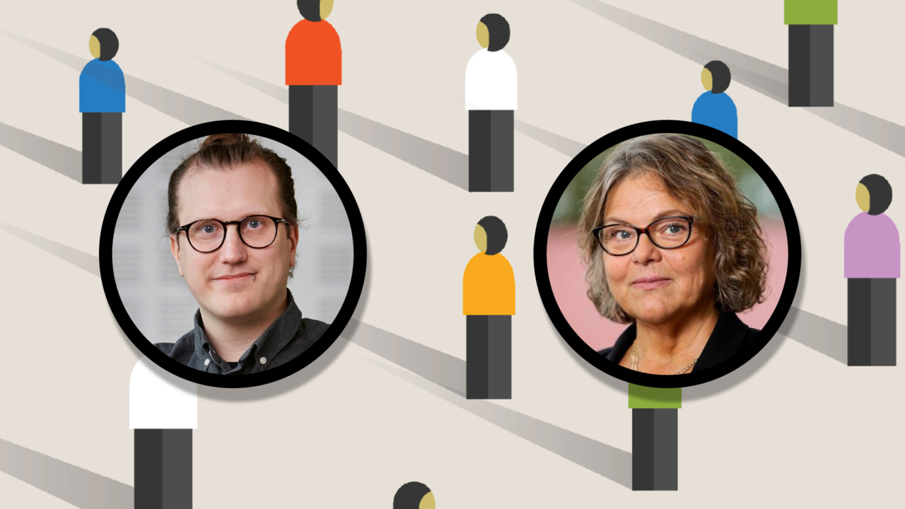 Annika och Sebastian framför grafik föreställande en folkmassa.