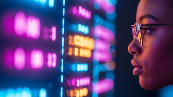 Focused young woman with glasses observing a vibrant digital display of data and charts