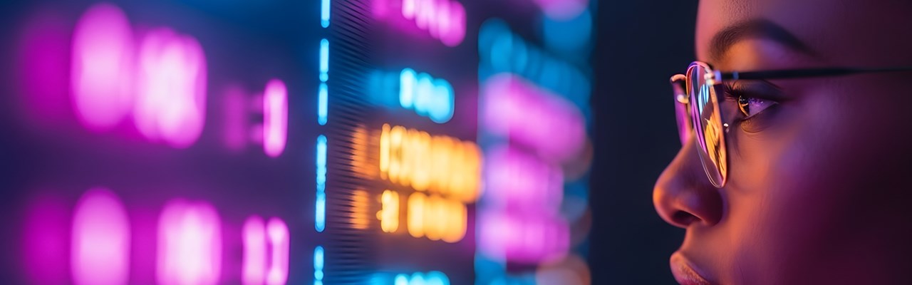 Focused young woman with glasses observing a vibrant digital display of data and charts