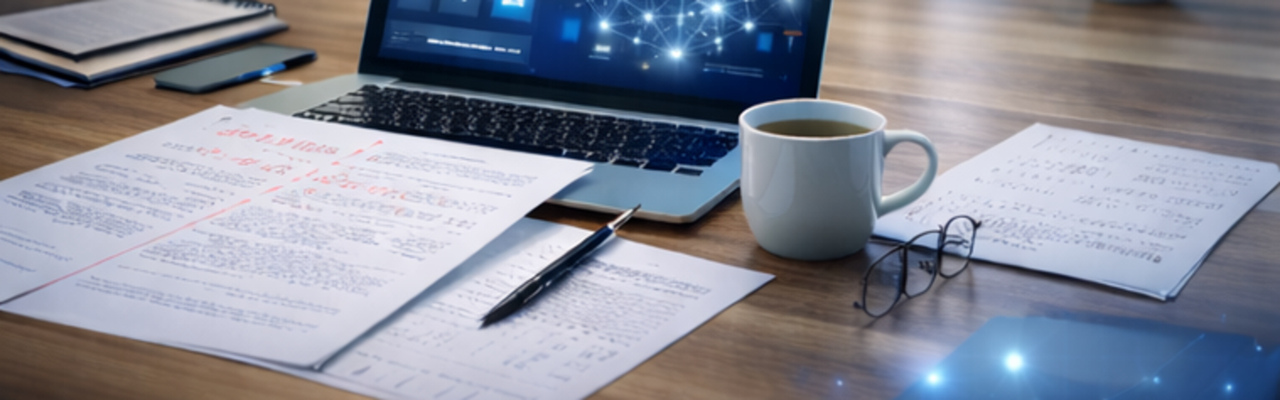 skrivpapper och dator och kaffekopp på ett bord