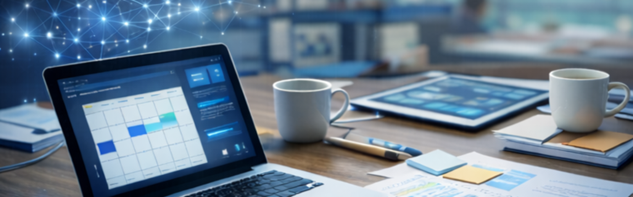 dator med kalenderp å skärmen och planering på skrivbordet