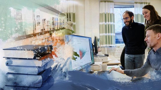 Three people working together at a computer with data visualisation combined with an artistic image of books and colours symbolising knowledge and creativity.