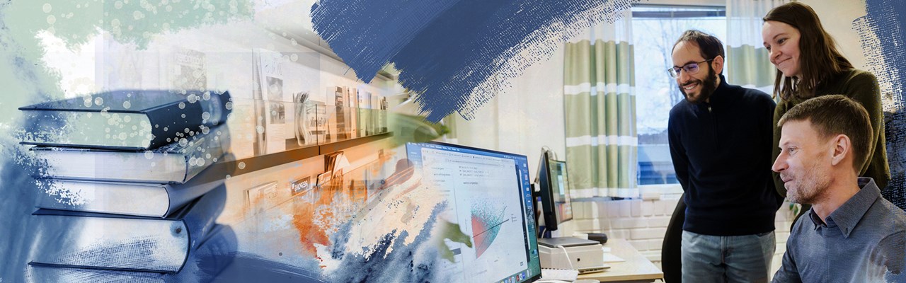 Three people working together at a computer with data visualisation combined with an artistic image of books and colours symbolising knowledge and creativity.