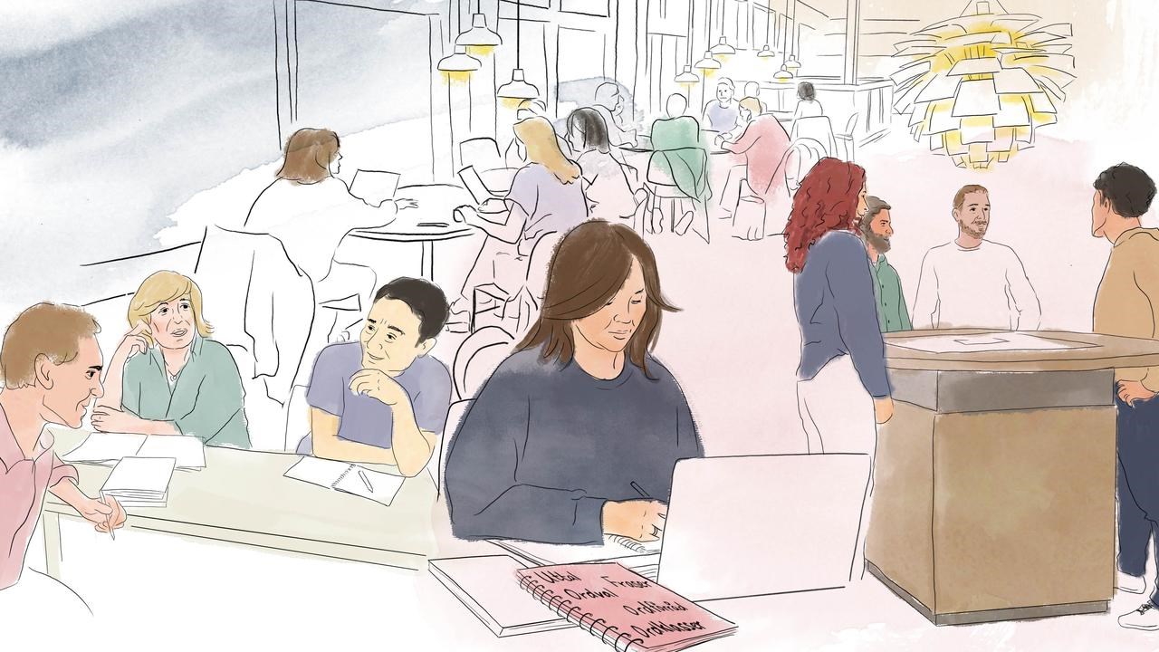 Illustrerad bild av många människor i olika studiesituationer i humanisthuset