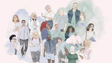 Illustration i kollageform av människor i olika åldrar.