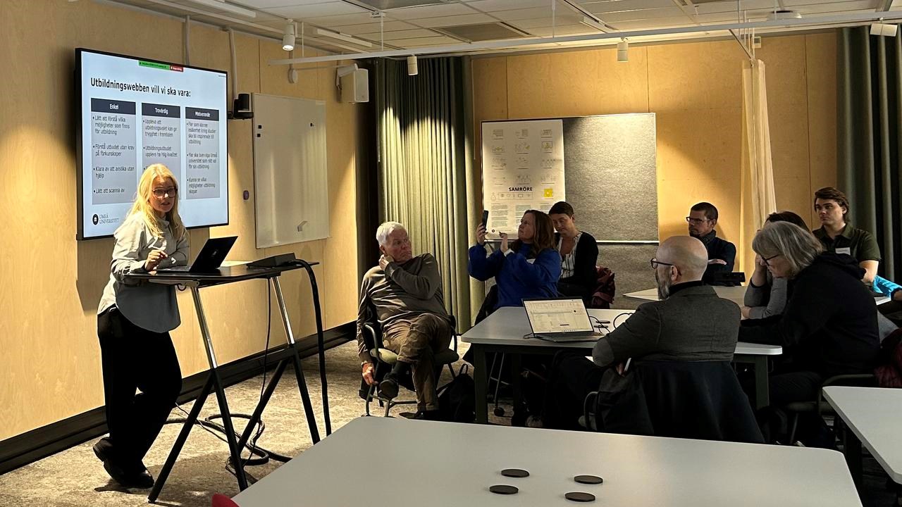 En kvinna presenterar information för en grupp människor.