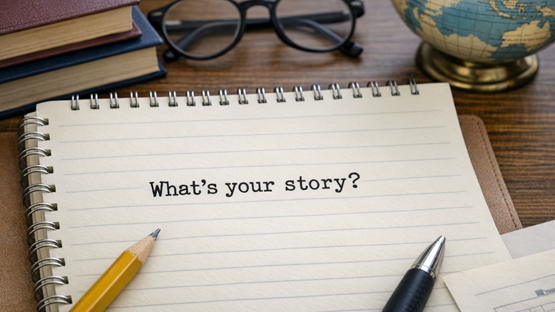 Notebook on desk with the text What's your story?