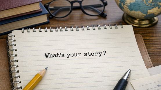 anteckningsbok med texten Vad är din berättelse?
