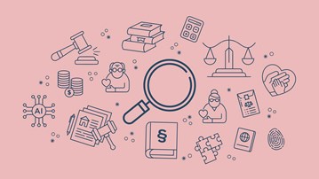 Juridiska symboler mot en rosa bakgrund