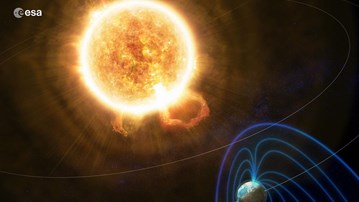 En konstnärs återgivning av ett solsystem med två planeter.