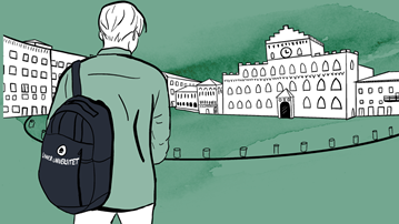 Person med Umeå universitetsväska anländer till ett äldre universitet.