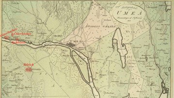 En gammal karta över en stad med en flod som rinner genom den.